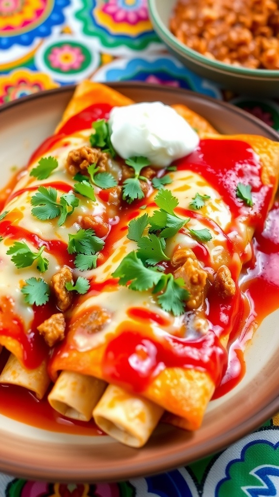 A plate of beef enchiladas topped with cheese and cilantro, served with sour cream.